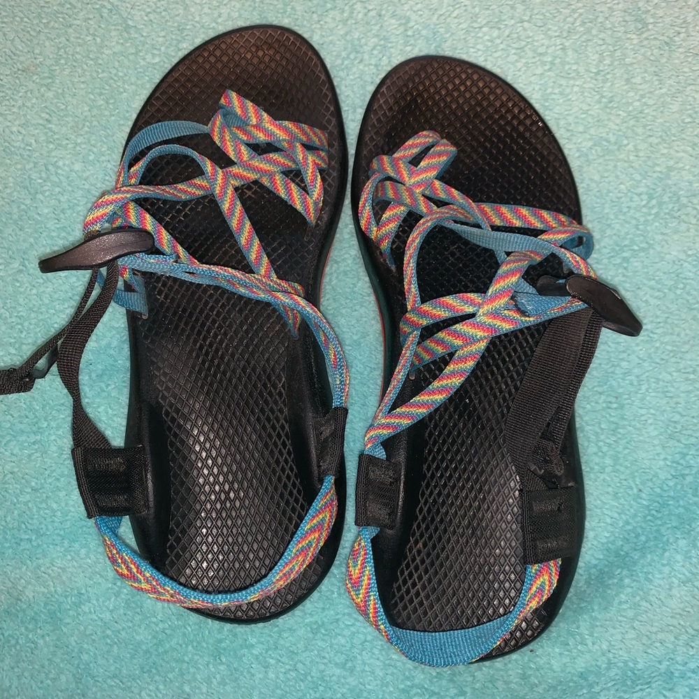 Gently used rainbow Chacos 🌈